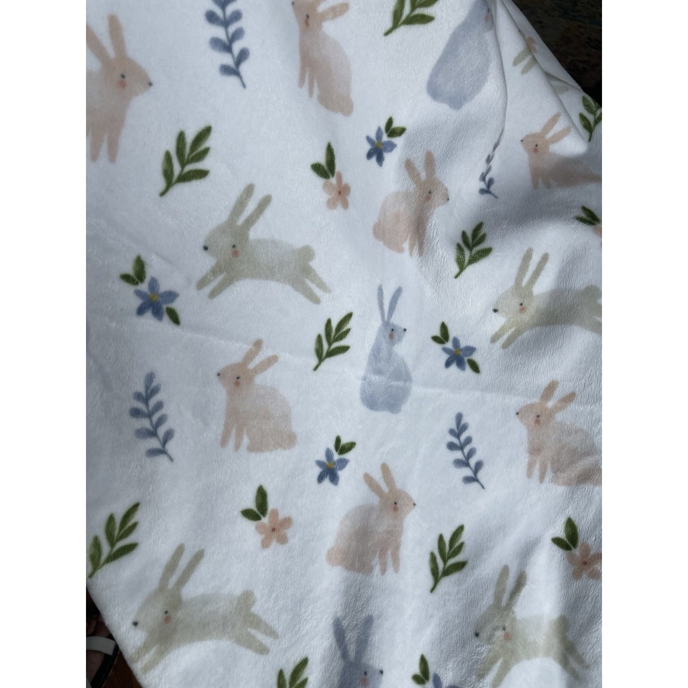 Minky Couture Plush Baby Blanket Bunny Theme Satin Trim Blue White Green